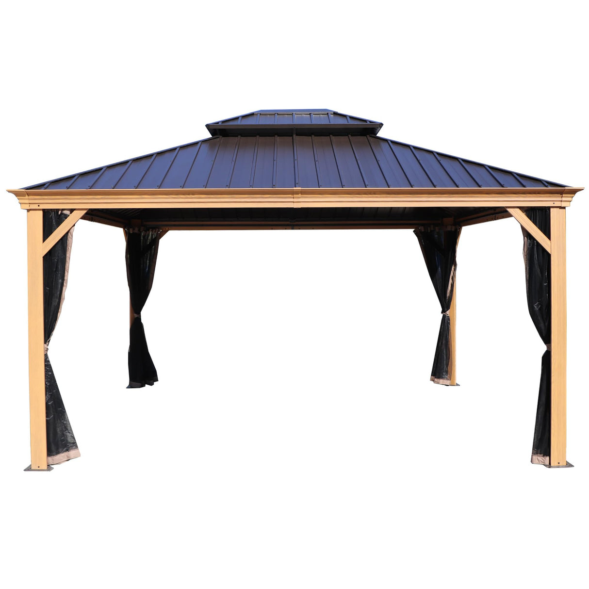 Kozyard Apollo 12’x14’ Hardtop Gazebo, Wooden Coated Aluminum Frame Canopy with Galvanized Steel Double Roof, Outdoor Permanent Metal Pavilion with Netting for Patio, Deck and Lawn (12ft x 14ft) Kozyard