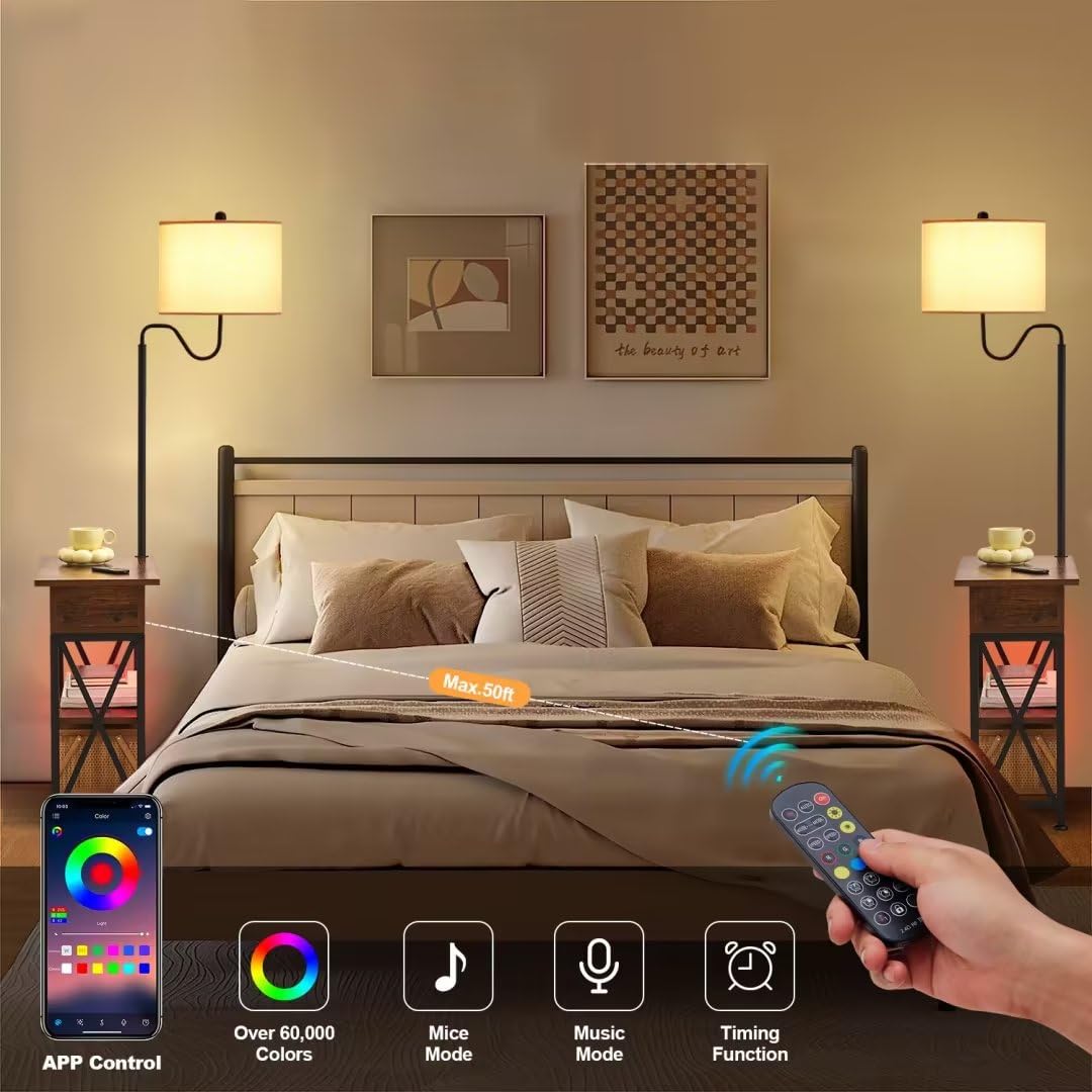 Dungoo Floor Lamp with Table, Narrow End Table with LED Lights Remote Control, Nightstand with USB & AC Outlets, Fliptop Storage Shelf End Table with Lamp Attached for Living Room Dungoo