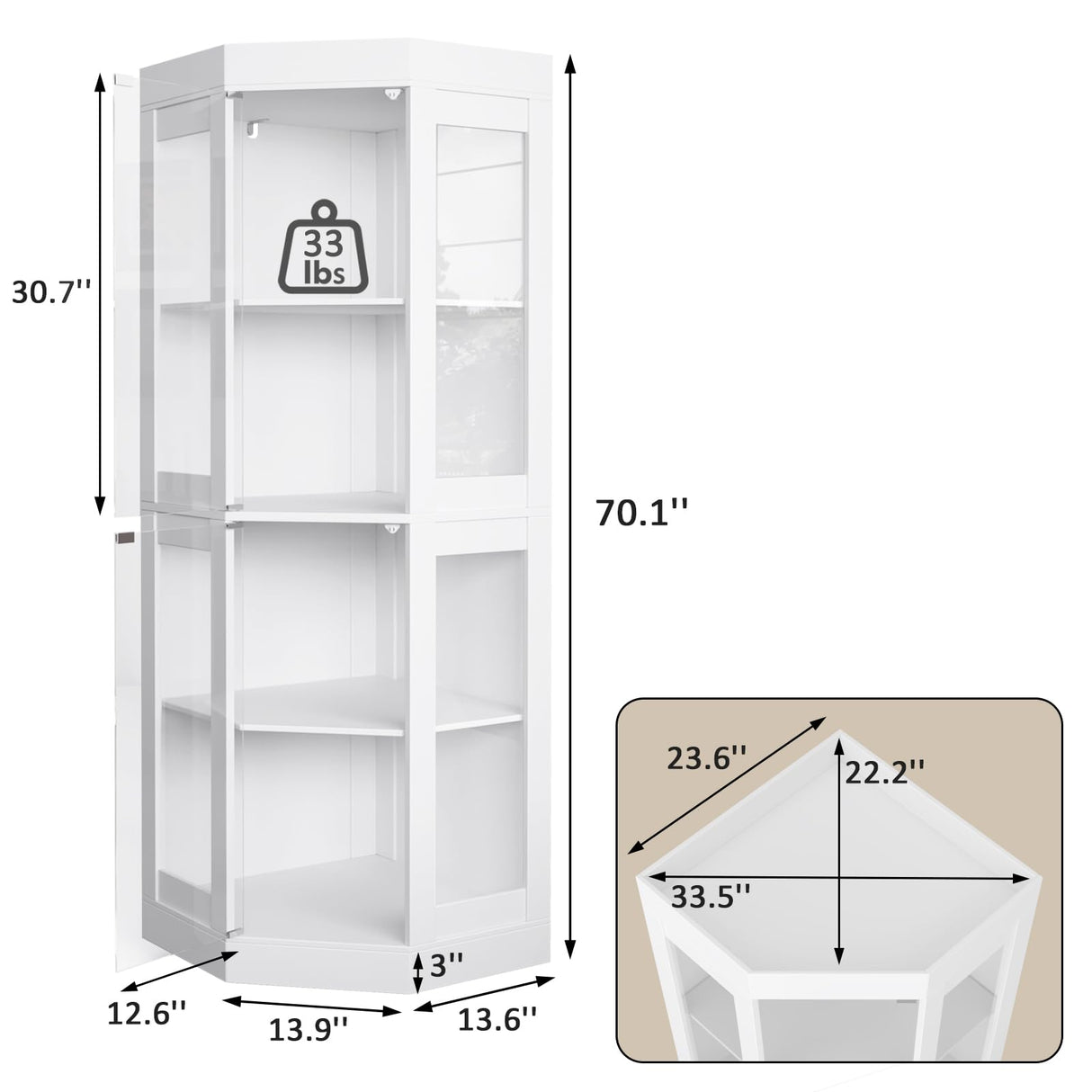 UKAOCAI 70''H Tall Corner Cabinet with Glass Doors,Farmhouse Storage Cabinet with 4 Shelves & Top Guard Rail,Home Pantry Hutch for Bar,Kitchen, Dining Living Room, Bathroom, White UKAOCAI