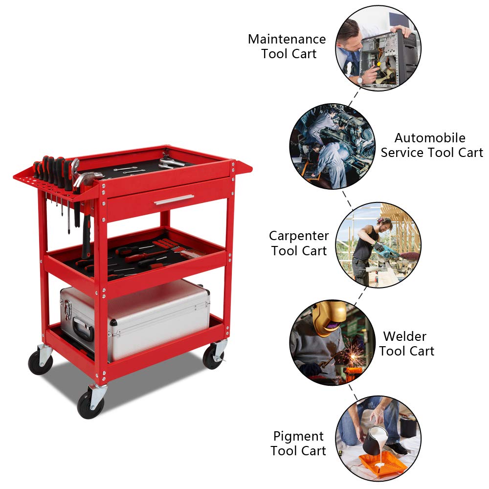 TUFFIOM 3 Tier Rolling Tool Cart, 330 LBS Capacity Industrial Service Cart, Heavy Duty Steel Utility Cart, Tool Organizer with Drawer, Perfect for Garage, Warehouse & Repair Shop (Red) TUFFIOM