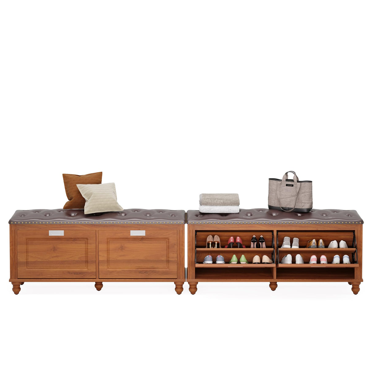 Tribesigns Shoe Storage Bench with 2 Flip Drawers, Entryway Shoe Bench with Tufted Leather Seating, Hallway Bench with Shoe Storage Cabinet, Hidden Shoe Organizer, Solid Wood Legs Tribesigns