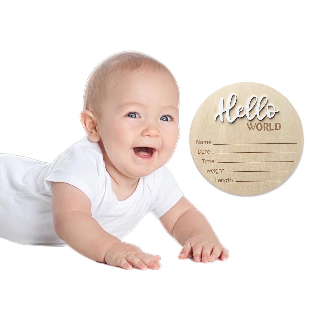 Baby Announcement Sign, 5.9 Inch Wooden Hello World Newborn Welcome Sign, Birth Announcement Sign for Hospital, Newborn Name Sign Plaques for Photo Props Baby Shower Nursery(White) LZEDIRA