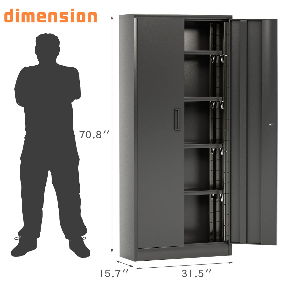 Furniwell Metal Storage Cabinet with 2 Doors & 4 Adjustable Shelves, Lockable Garage Storage Cabinet, Steel Utility File Cabinet for Home, Garage, Black, 71" H x 31.5" W x 15.7" D Furniwell