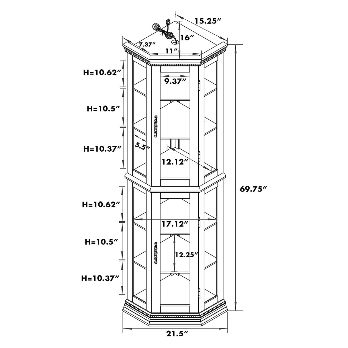 HomJoones Lighted Corner Display Curio Cabinet Wooden Curved Shelving Unit with Tempered Glass Door, Adjustable Tempered Glass Shelves, Bar and Liquor Storage Area, Display Cabinet (Cherry) HomJoones