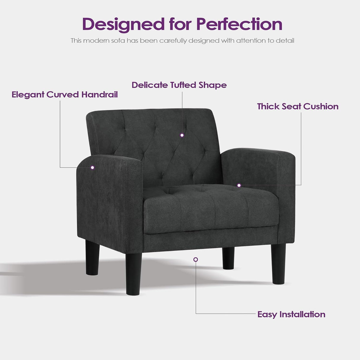 TYBOATLE Mid-Century Modern Tufted Loveseat Sofa Set w/ 2 USB & 2 Cupholders, 2 Piece Living Room Furniture Sets, Small Love Seat Couches for Small Space Apartment Bedroom Office(Dark Gray) TYBOATLE