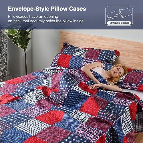 Hailea Red Blue Plaid Quilt Set Twin Size Country Patchwork Bedding Lightweight Reversible Bedspread Coverlet with Sham Soft All Season Bed Cover Set, 1 Quilt 2 Pillow Shams Hailea