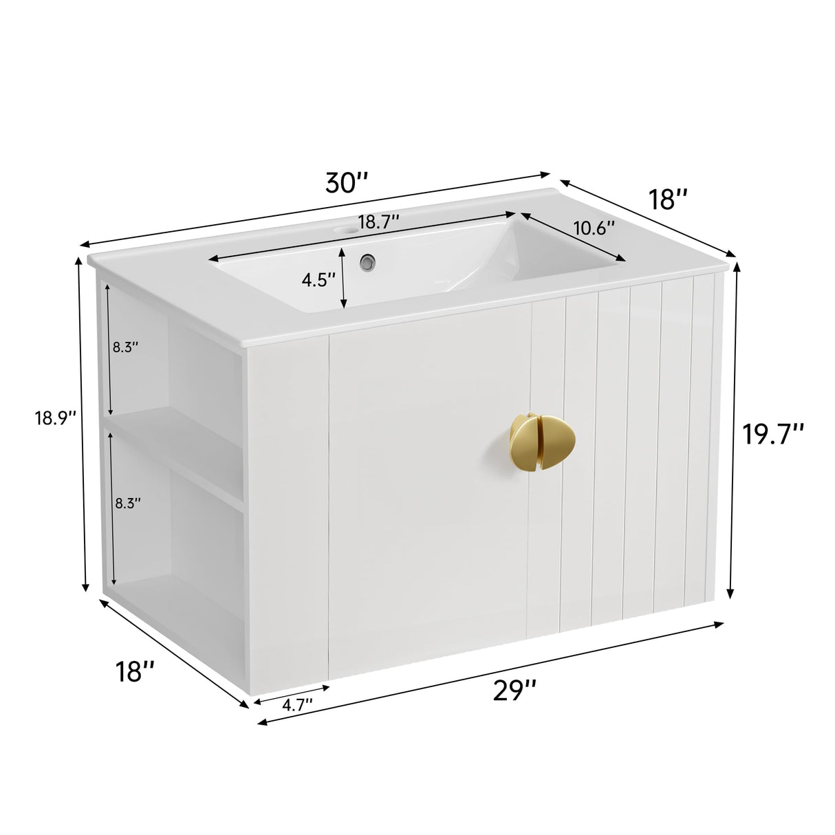Findepot 30 Inch Floating Vanity Bathroom with Sink, White Bathroom Vanity Cabinet Combo with Ceramics Sink Top, Soft Close Cabinet Door & Open Storage Left Shelf, Modern Wall Mounted Vanity Findepot