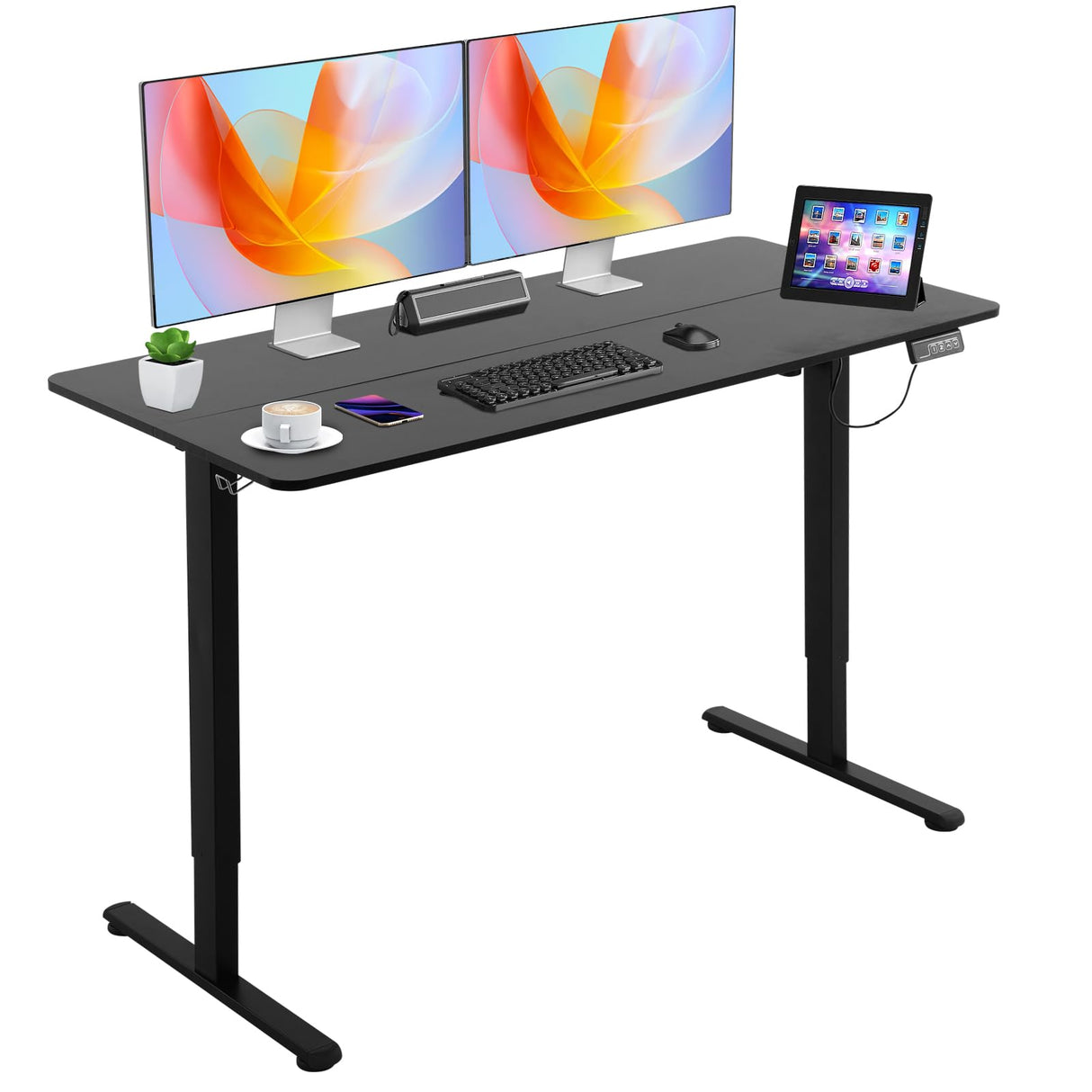 BLKMTY Electric Standing Desk Adjustable Height Computer Desk 24"x55" Home Office Desk Ergonomic Raising Desk Sit Stand Desk with Headphone Hook 20db Noiseless Lifting Desk for Adult, Black BLKMTY
