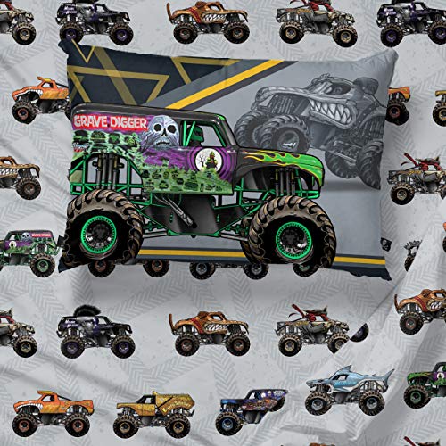 Jay franco Monster Jam MJ Life 4 Piece Twin Bed Set-Includes Reversible Comforter&Sheet Set-Bedding Features Grave Digger, Max-D, Megalodon-Super Soft Microfiber-(Official Monster Jam Product) Jay Franco