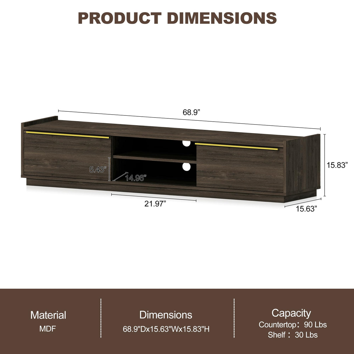 BELLEZE 69" TV Stand for TVs up to 75", Media Entertainment Center with 2-Tier Open Shelves and 2 Storage Cabinets, Wood Console Table for Living Room, Bed Room - Cayden (Brown) BELLEZE