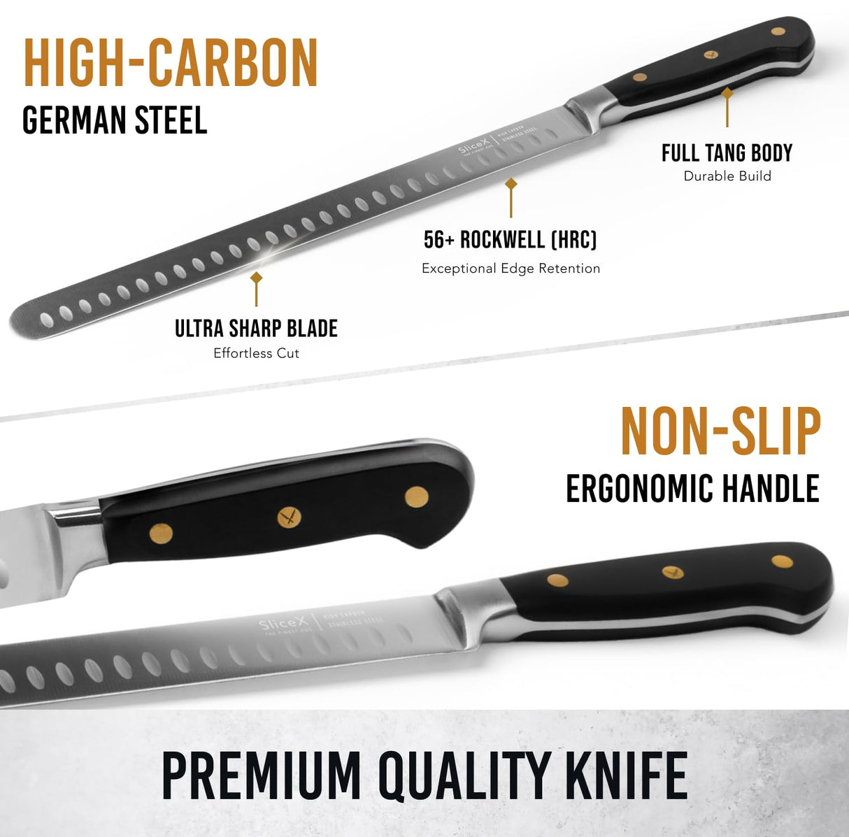 SliceX Brisket Slicing Knife – 12" BBQ Knife, Brisket Knife, Grilling Gifts For Men – Razor Sharp German Steel, Full Tang, Ergonomic Handle Bright Hobby