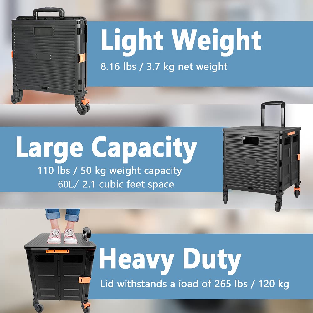 FELICON SELORSS Foldable Utility Cart Folding Portable Rolling Crate Handcart with Heavy Duty Telescoping Handle Collapsible 4 Rotate Wheels for Travel Shopping Move Luggage Office Use(Black+Black) FELICON