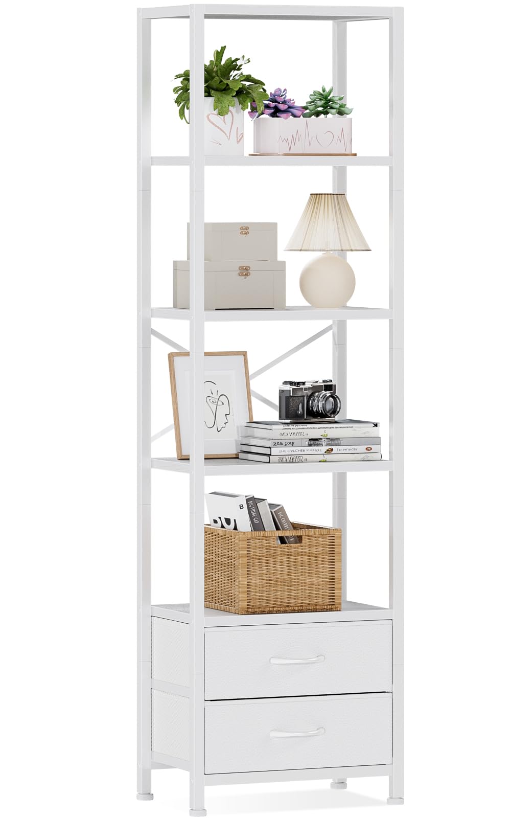 Furnulem 5-Tier Corner Shelf, Narrow Bookshelf with 2 Storage Drawers, Tall Bookcase, Standing Shelf Organizer Unit for Living Room, Bedroom, Metal Frame, Wood Display Shelf(White) Furnulem