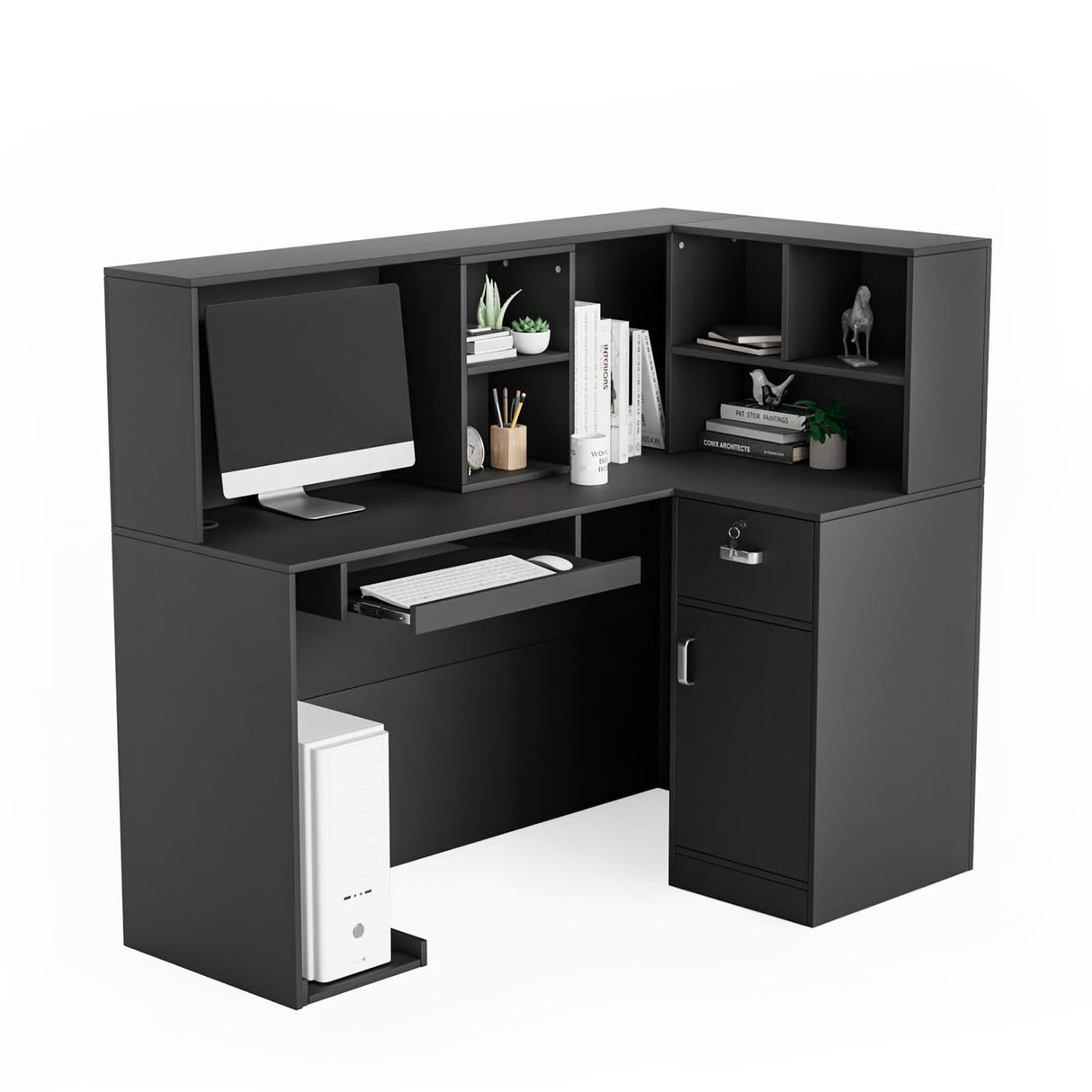 Modern Reception Desk, Moveable Shelves and Lockable Drawers, Retail Checkout Counter Table, for Lobby Beauty Salon Office (Black) OmySalon