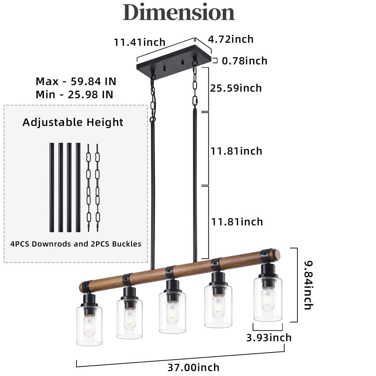 Dining Room Chandelier Over Table, 5-Light Farmhouse Kitchen Island Lighting, Matte Black Rustic Wood Chandelier with Clear Glass Shade, Ceiling Pendant Light Fixture for Kitchen maesta