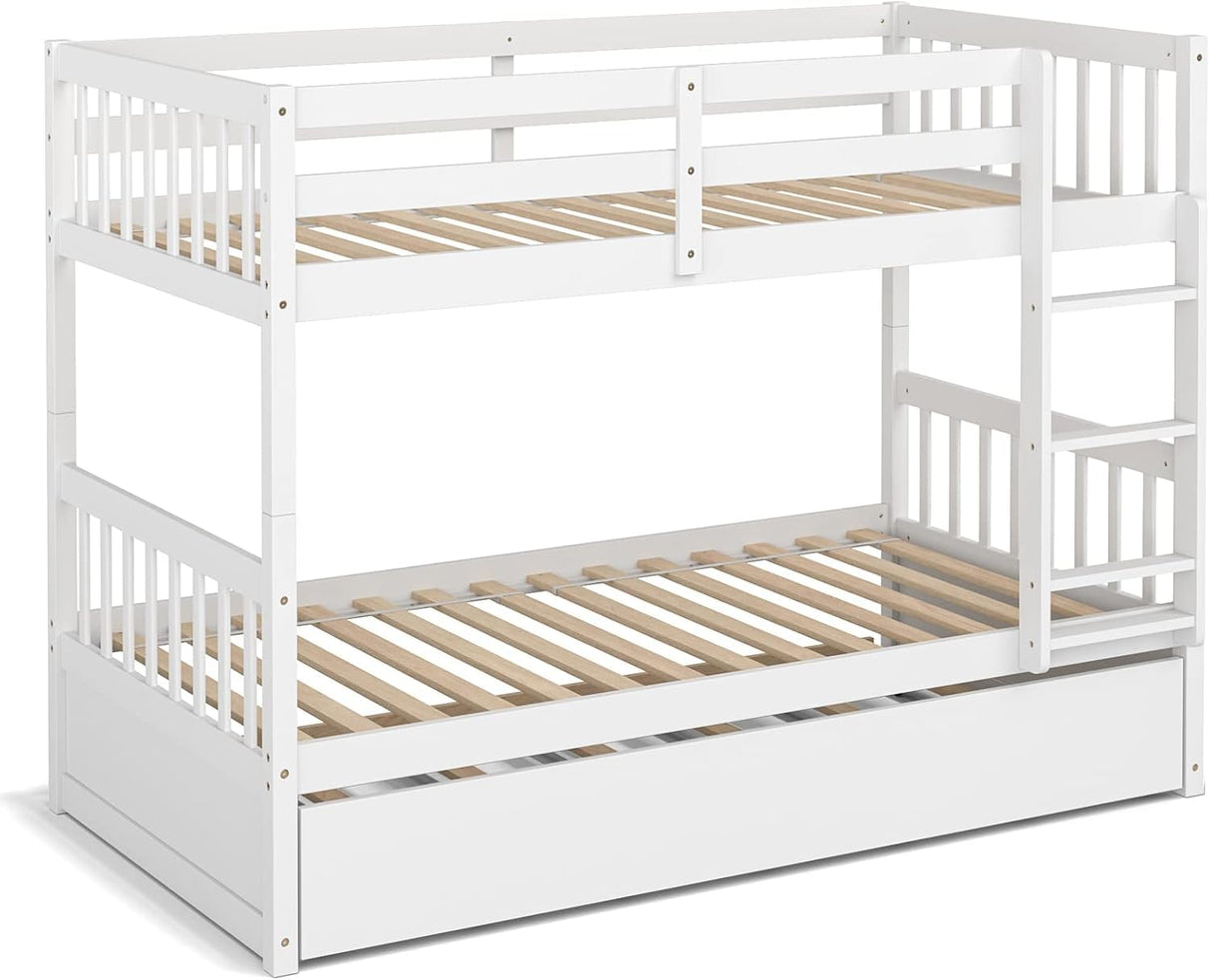 HOMGX Twin Over Twin Bunk Bed with Trundle, Wooden Removable Shelf Bunk Bed w/Ladder & Full Length Guardrail, Space-Saving Convertible Bunk Beds for Homes & Dorms (White) WoodArtSupply