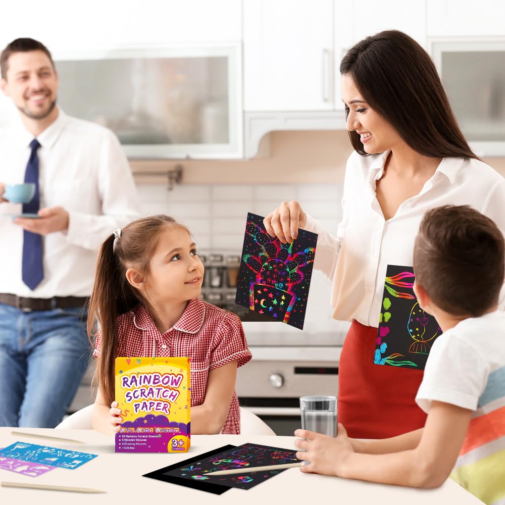 FUNNYB&G Rainbow Scratch Paper Art for Kids - 60 Pcs Magic Rainbow Scratch Paper Off Set Scratch Crafts Arts Supplies Kits Pads Sheets for Party Games Christmas Birthday Easter Gifts FUNNYB&G
