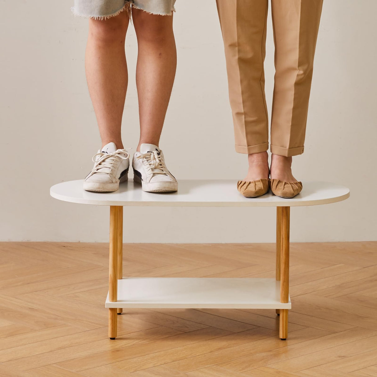 Aibiju Oval Coffee Table White, Small Wooden Coffee Table for Small Space, Tea Table Stand 35 * 16 * 17 inches, 2 Tier Center Table for Living Room White YD-012W Aibiju