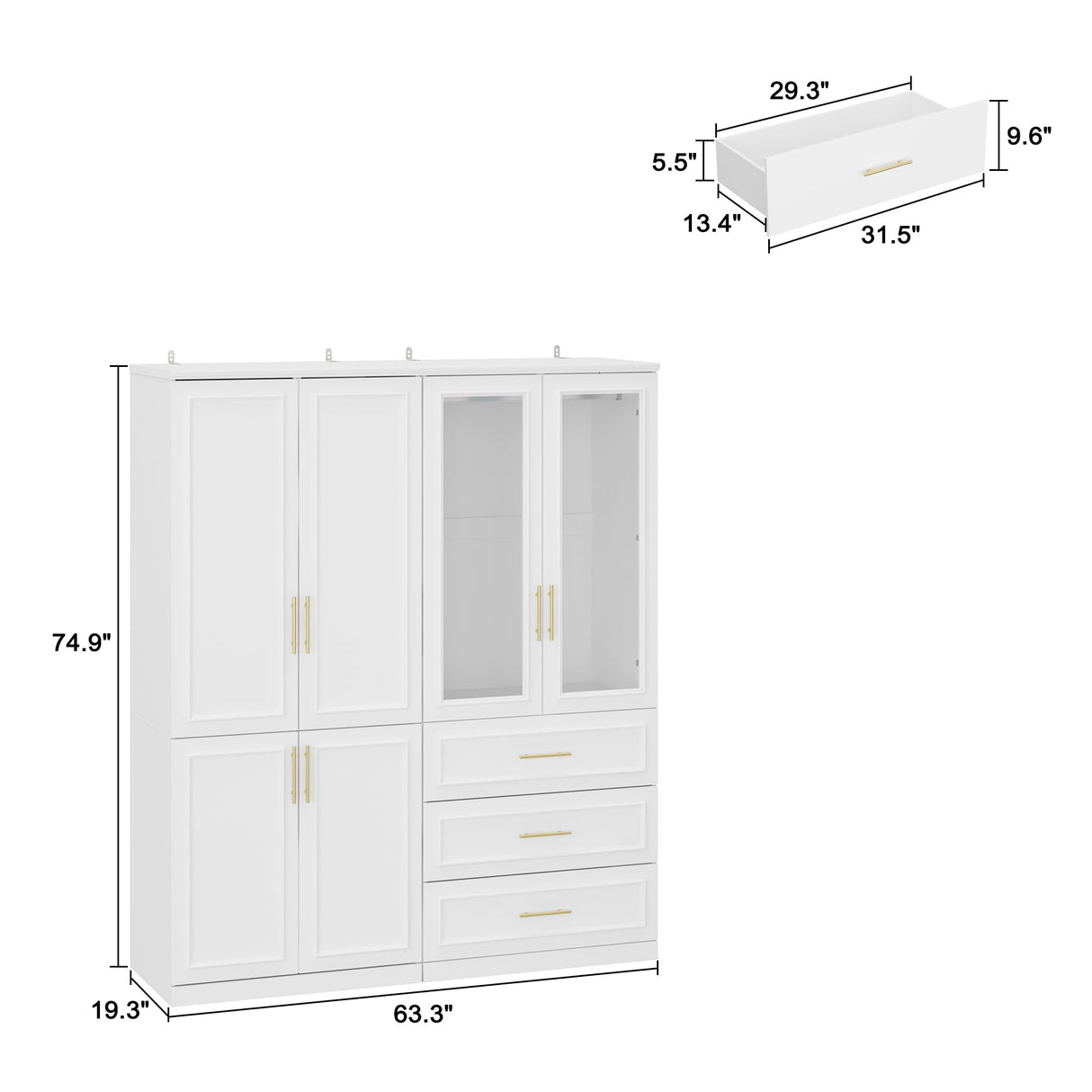 Hitow Wardrobe Armoire Closet with Glass Doors, 63.3" W Wardrobe Storage Cabinet with 3 Drawers & Hanging Rod, Wardrobe Armoire Dresser for Bedroom Clothing Organizer, White Hitow