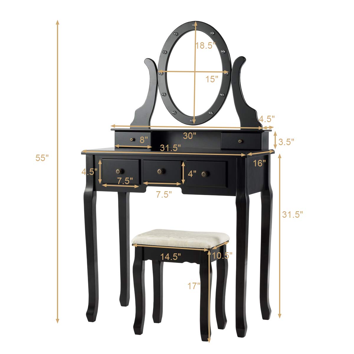 Giantex Vanity Table Set with 12 Lights Mirror, Bedroom Makeup Dressing Table with 360° Rotating Oval Mirror, 5 Drawers and Shelf, Modern Makeup Table with Cushioned Stool for Girls Women (Black) Giantex