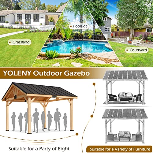 YOLENY Wood Gazebo, 11' x 12' Gazebo Hardtop Gazebo Spruce Wood Solid Wood Gazebo, Waterproof Asphalt Roof, for Lawns, Beach, Patio, Garden, Yard, Easy Assembly YOLENY