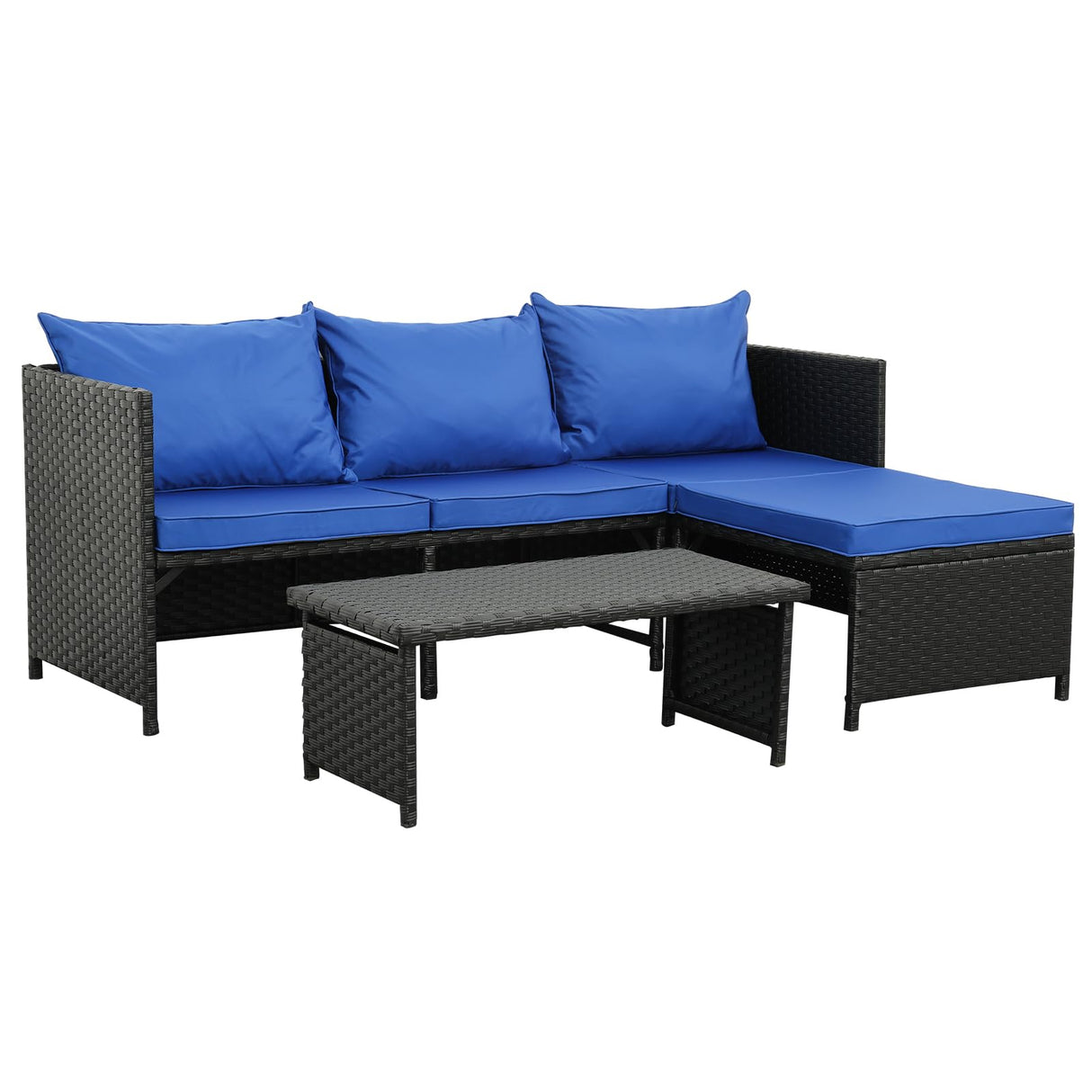 Valita 3-Piece Outdoor PE Rattan Furniture Set Patio Black Wicker Conversation Loveseat Sofa Sectional Couch Royal Blue Cushion Valita