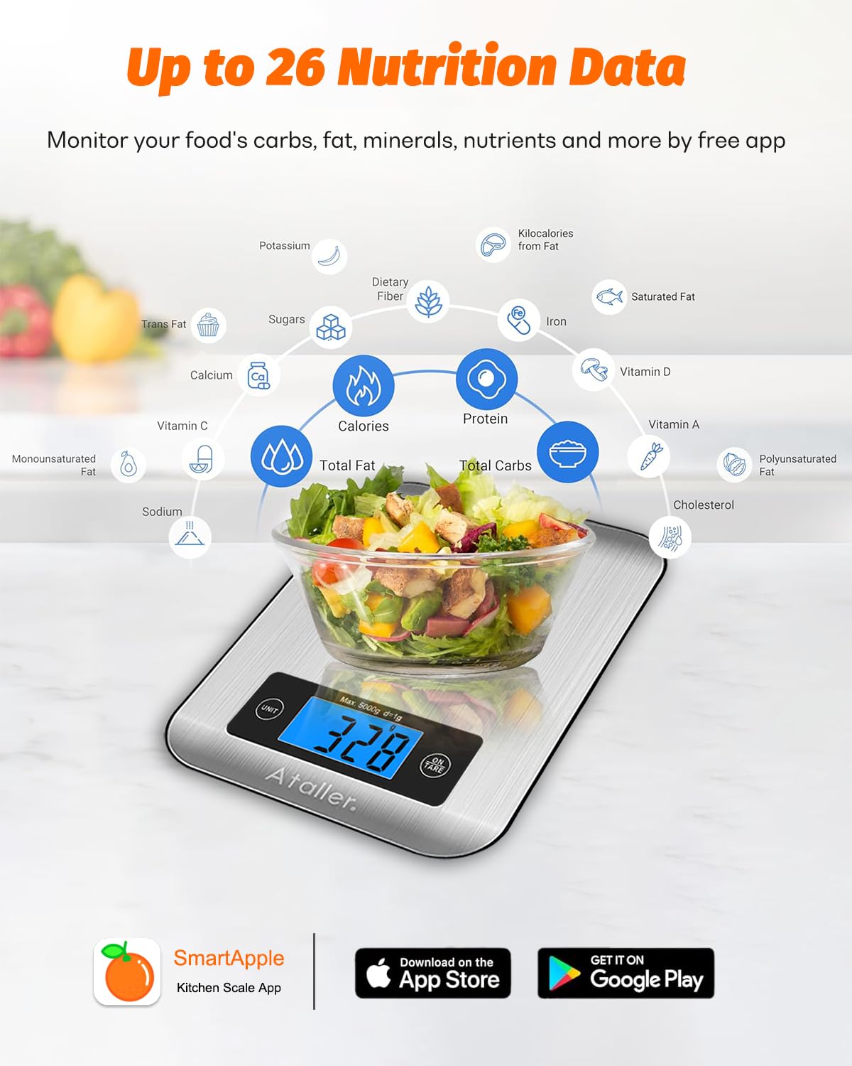 Ataller Smart Food Scales with Nutritional Calculator, Smartphone App with 26 Nutrients Tracking, Calorie, Marco, Digital Kitchen Weight Grams and Ounces for Weight Loss, 11 Pounds, Stainless Steel Ataller