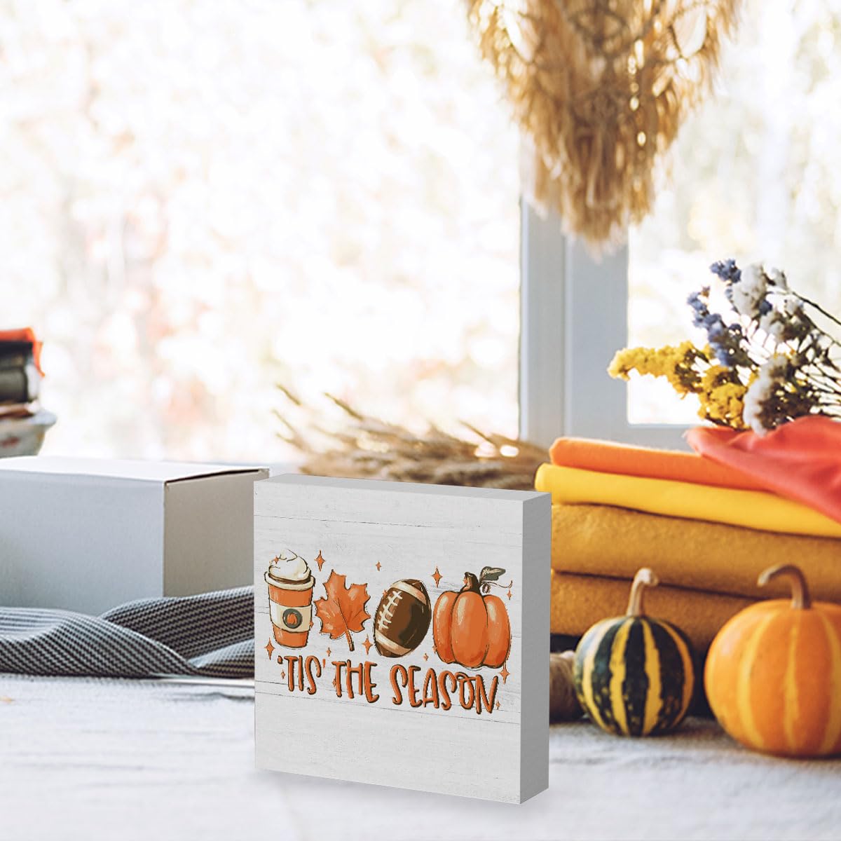 Rustic Tis' the Season Pumpkin Wood Box Sign, Farmhouse Retro Fall Artwork Decor, Autumn Harvest Thanksgiving Wooden Square Sign Desk Block Signs Home Shelf Office Decoration 5 x 5 Inches WRSUNT