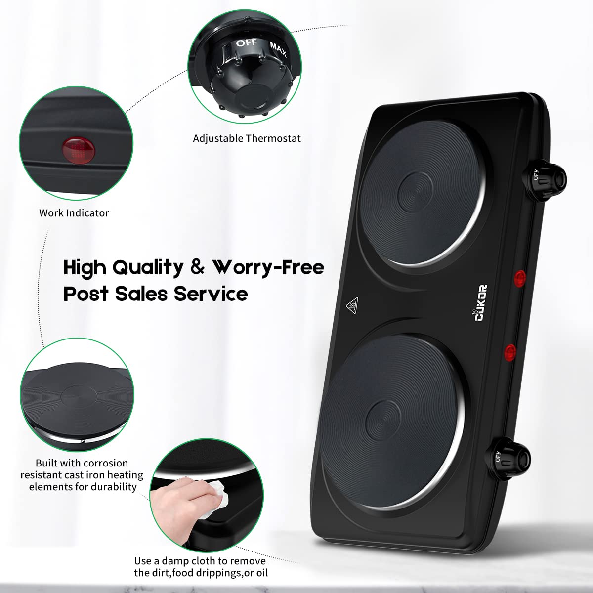 CUKOR Electric Hot Plate, Double Cast Iron 2 Burner, 1800W Countertop Burner, Dual Electric Stove Burners, Portabel Electric Cooktop, Portabel Double Burner for Cooking CUKOR