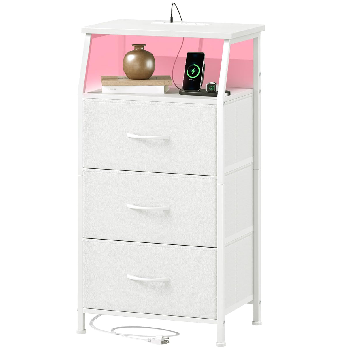 Somdot White Nightstand with Charging Station and LED Light for Bedroom, Tall 3 Drawers Dresser with Fabric Bins for Bedside Kids Dorm Room Closet Laundry Entryway, White Leather Somdot