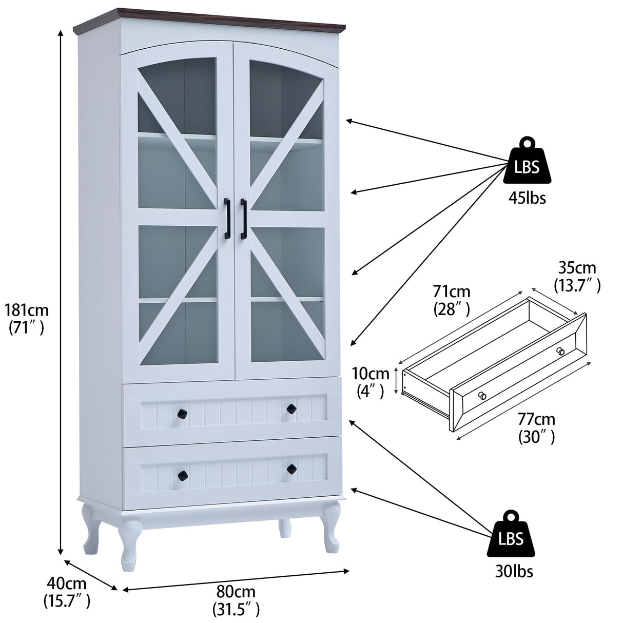 72" Tall Bookcase Set of 2 with Glass Doors, Farmhouse 3Tier Book Shelf with 2 Drawer, Arc Wood Bookshelf with Storage Cabinet, Freestanding Display Bookshelves, China Cabinet for Living Room, Office FFBCFDK