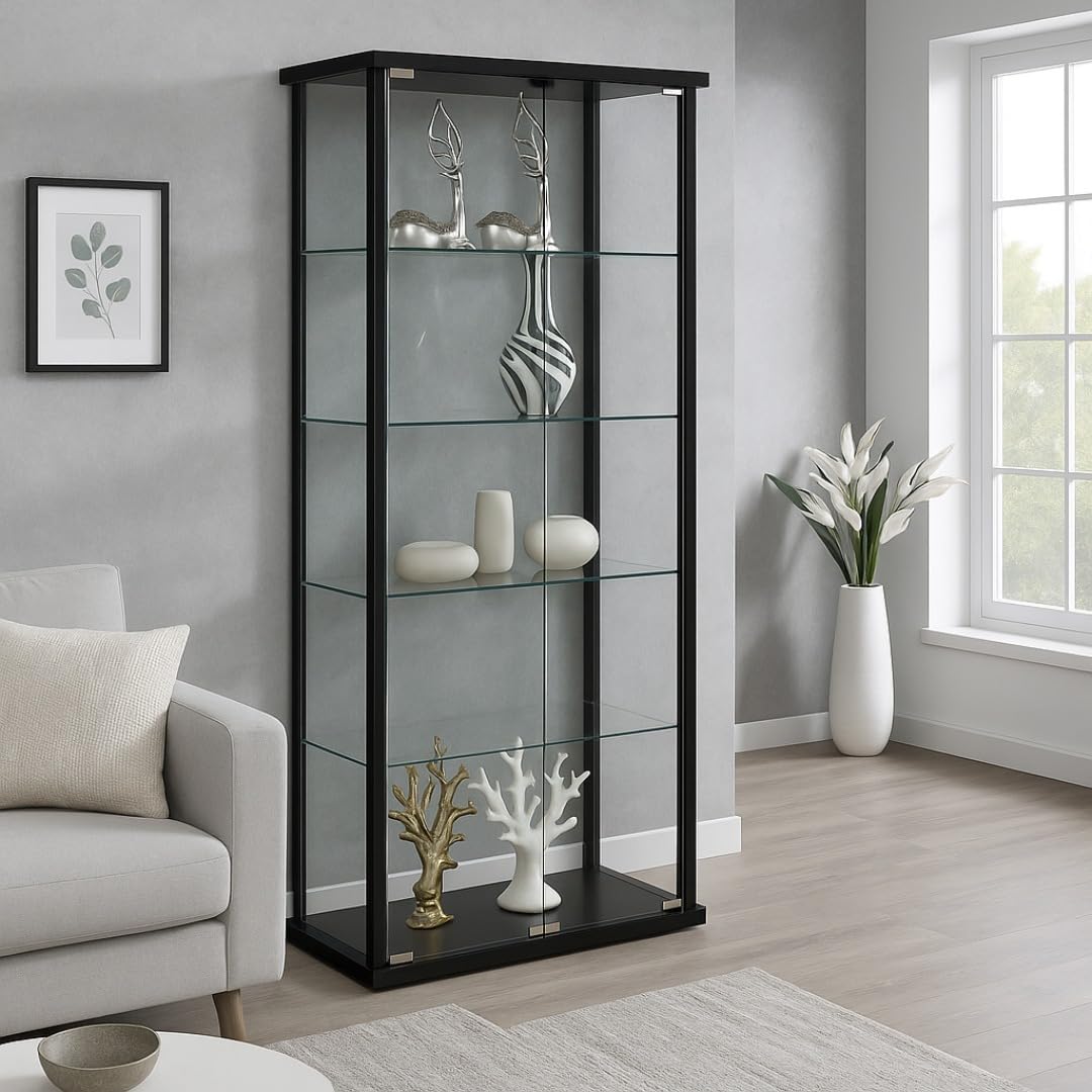 Glass Display Case - Modern Curio Cabinets with Glass Doors & Five Shelves, 64.25'' Tall, Black Frame, Curio Display Cabinet for Collectibles, Living Room, Dining Room, or Office CARTESIAN