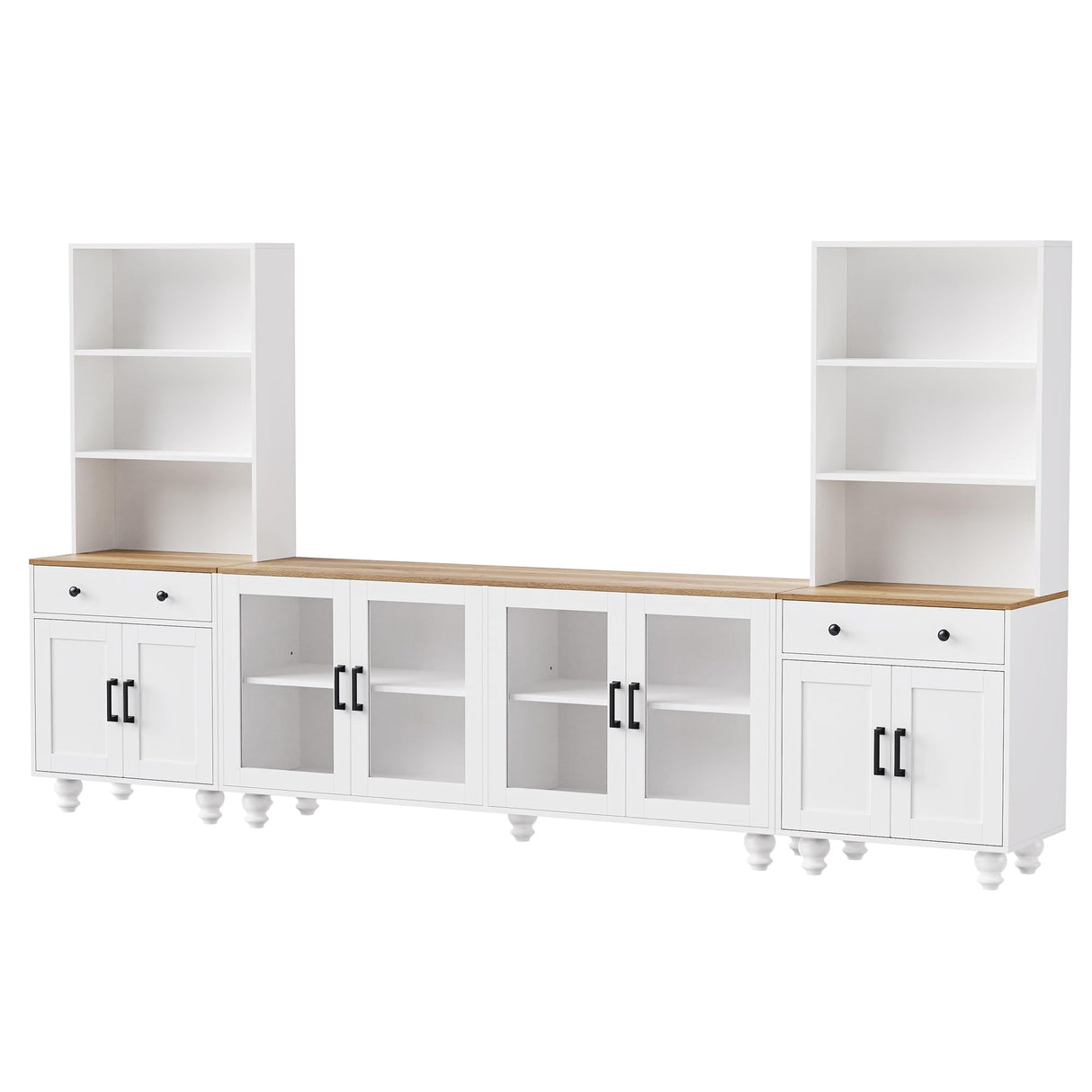 RuiSiSi Farmhouse Entertainment Center with 2 Bookshelves & Tempered Glass Doors, TV Stand with Adjustable Shelves for TVs up to 70'', Media Console with Solid Wood Gourd-Shaped Legs, White RuiSiSi