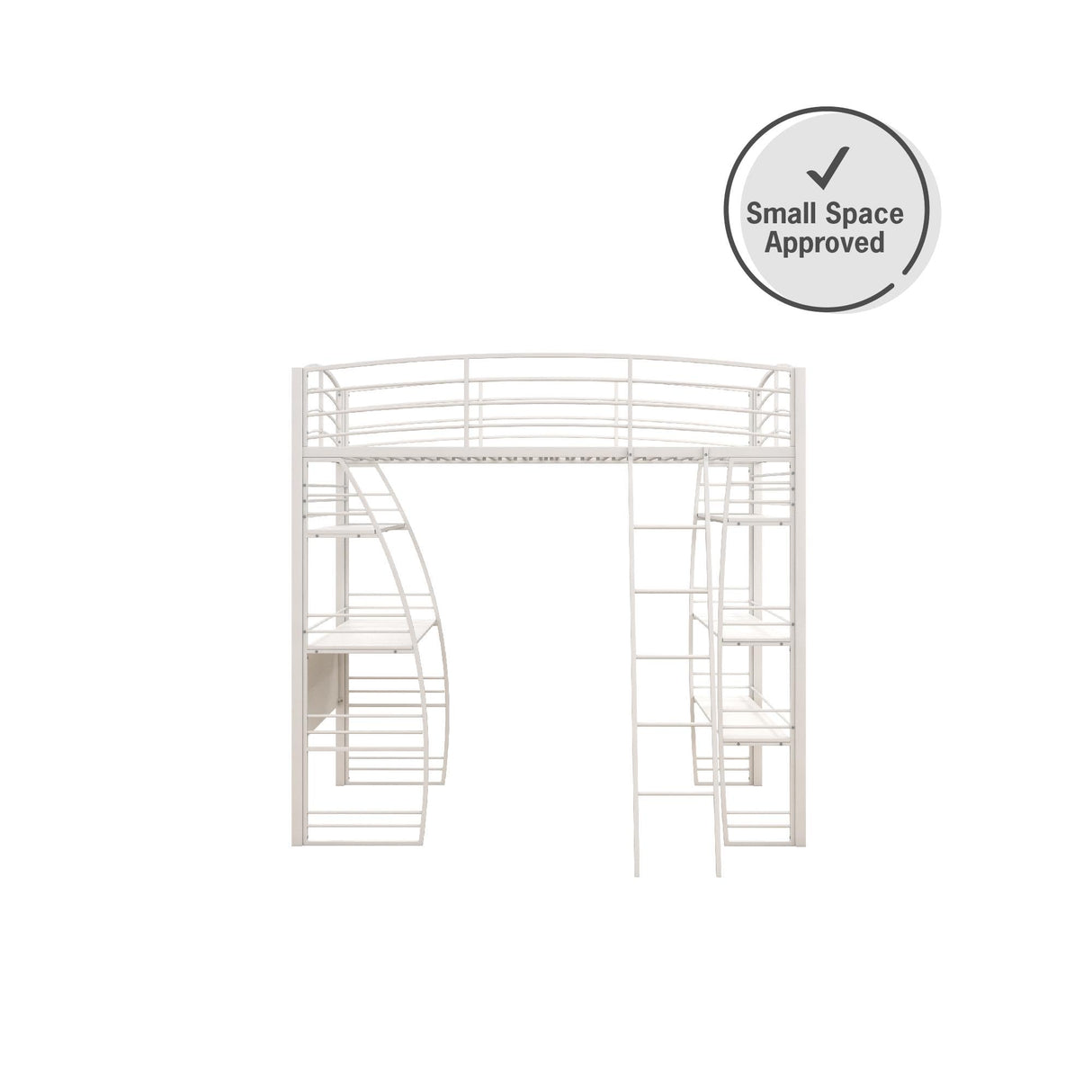 REALROOMS Serenity Studio Twin Metal Loft Bed with Integrated Desk and Shelves, Off White REALROOMS