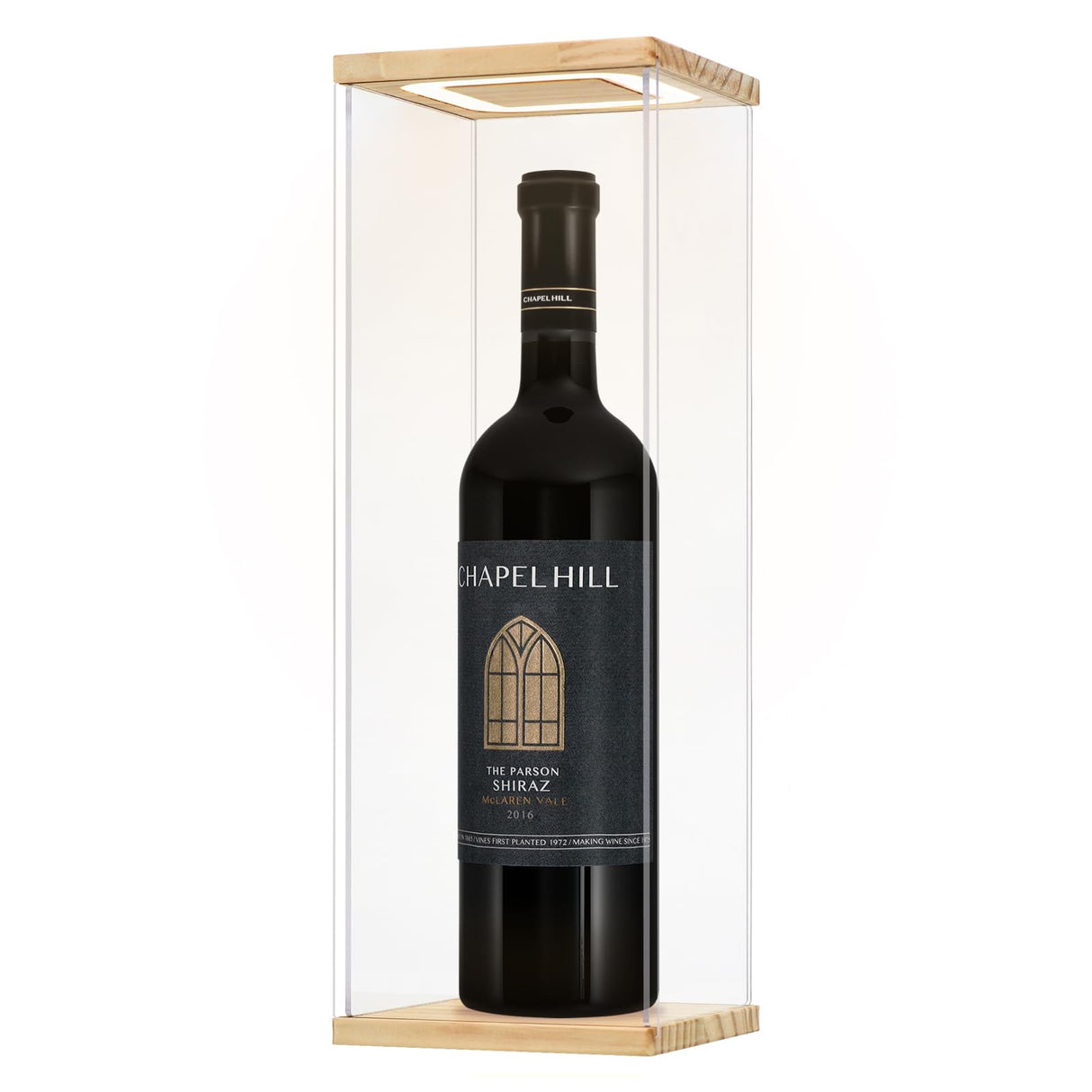DIWNELEM Wood Acrylic Wine Bottle Display Case with LED Light Acrylic Wine Glass Holder Wine Display Case Dustproof for Red Wine,Champagne,Liquor,Whiskey,Beer,Beverage Bottle (5.1*5.1*14.2") DIWNELEM