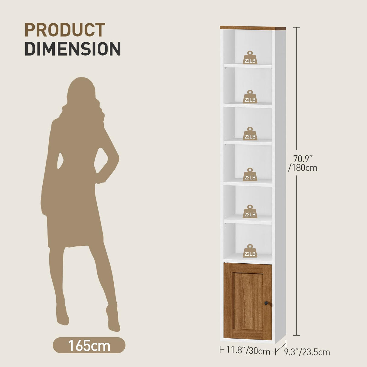 RALGEND 7-Tier Tall Narrow Bookshelf with Door Set of 2, 71 Inches CD DVD Slim Media Tower Rack with Storage Cabinet, Adjustable Shelves, Skinny Display Bookcase for Home Office, White and Walnut RALGEND