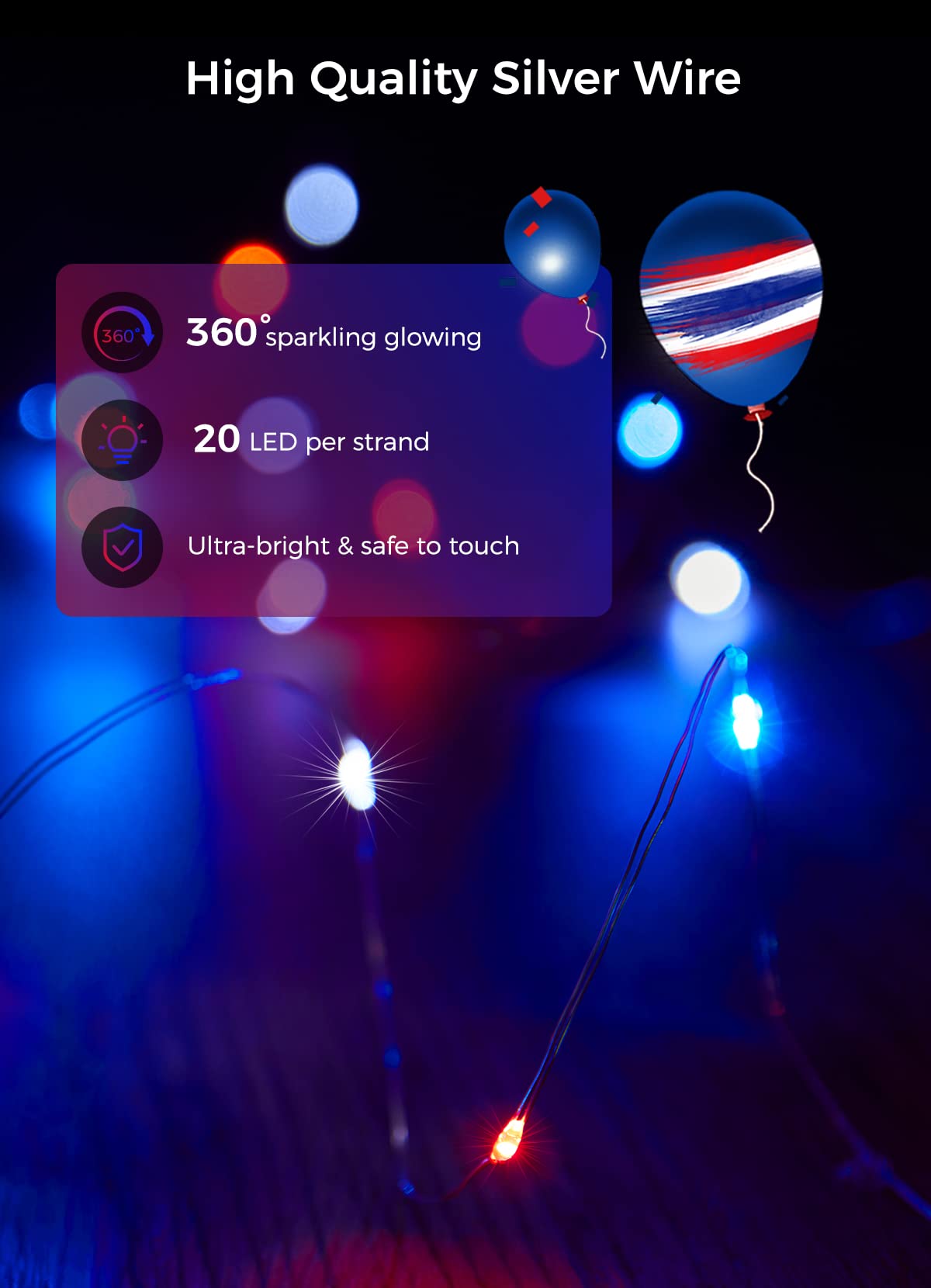 Brightown 4th of July Decor Patriotic Fairy Lights, 7 FT. Silver Wire Red White Blue String Lights, Firefly Starry Moon Lights, Micro LED Mini Fairy Lights for Jars DIY Picture Wedding Brightown