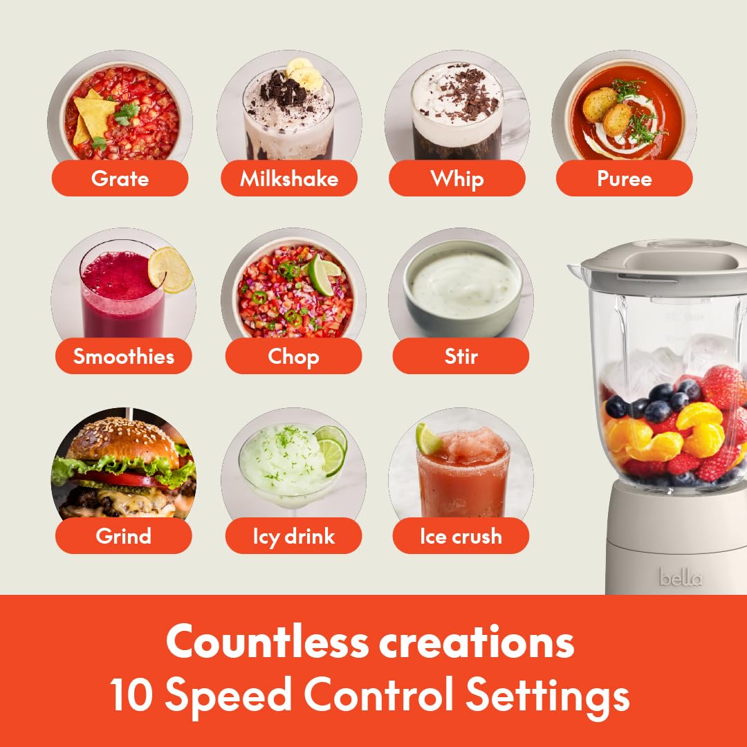 bella 10 Speed Countertop Blender, Juicer & Smoothie Maker, Fits-anywhere™ Kitchenware, Slim Flip & Store Design, Dishwasher Safe 48oz Capacity Pitcher & Lid, Stainless Steel Blade, 450 Watt, Oatmilk BELLA