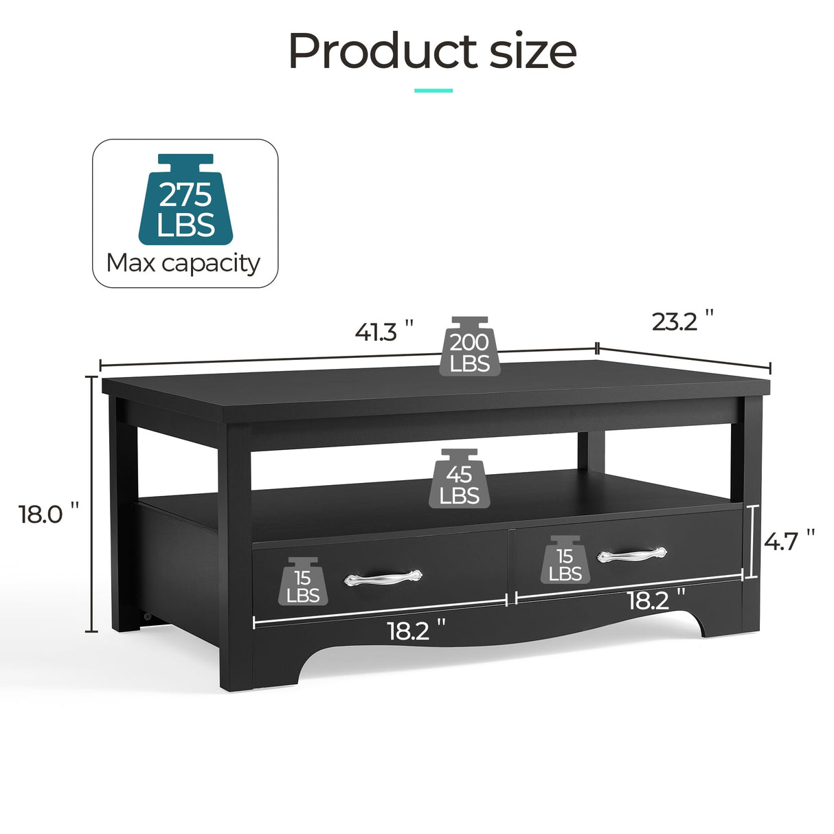 LINSY HOME Farmhouse Coffee Table with Storage, Wood Coffee Table for Living Room, Open Display Area and Storage Drawers with Metal Handles, Chic Style with Curved Base, Black LINSY HOME
