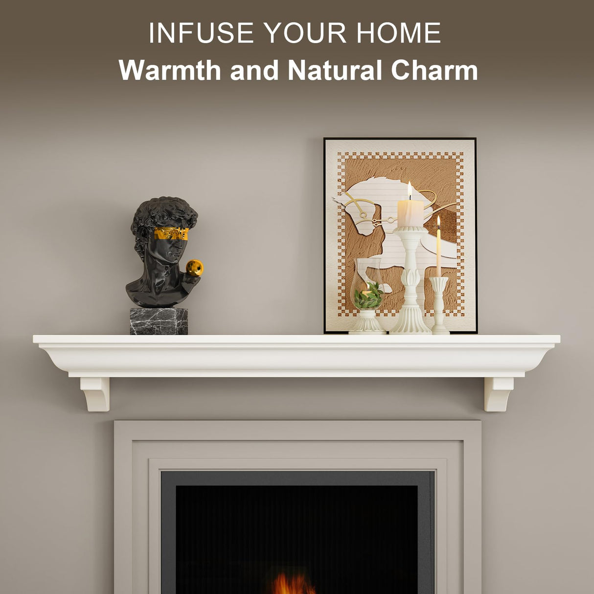 Fireplace Mantel, 60 Inch Rustic Fireplace Mantle with Arched Corbels, 100 lbs Weight Capacity Fire Place Mantel, Natural Wood Mantles for Over Fireplace, Fire Place Mantel for Living Room (White) KALSUBO