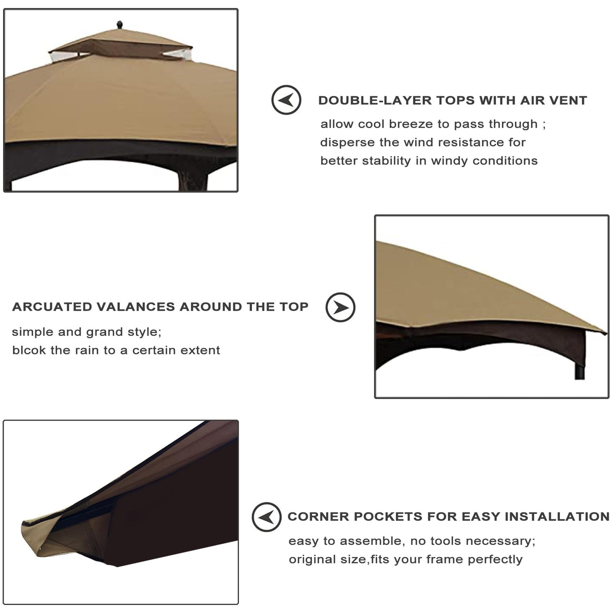 Eurmax USA High Performance Replacement Canopy Top for Lowe's Allen Roth Heavy Duty Gazebo Roof Gazebo Top with Air Vent 10X12 Gazebo Cover #GF-12S004B-1, Replacement Top Only (Khaki) Eurmax