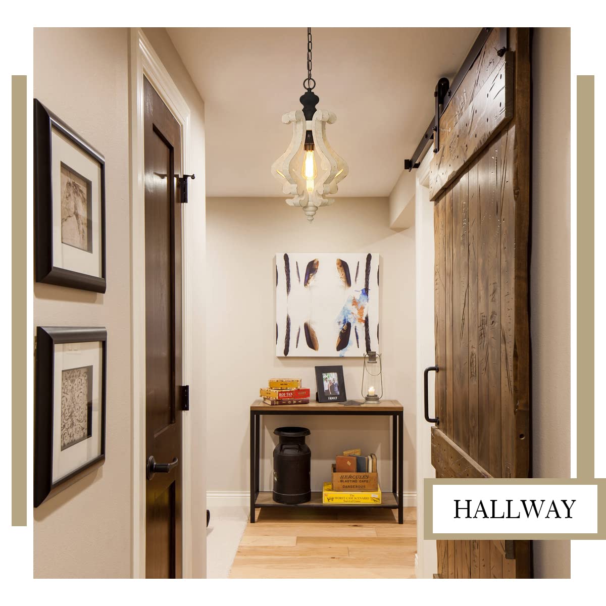 ANQIANYUE Farmhouse Wood Pendant Light, Distressed Rustic White Chandelier, 12.4" Vintage Pendant Lighting Fixture for Kitchen Island Dining Room Foyer Hallway Entryway Living Room; Adjustable ANQIANYUE