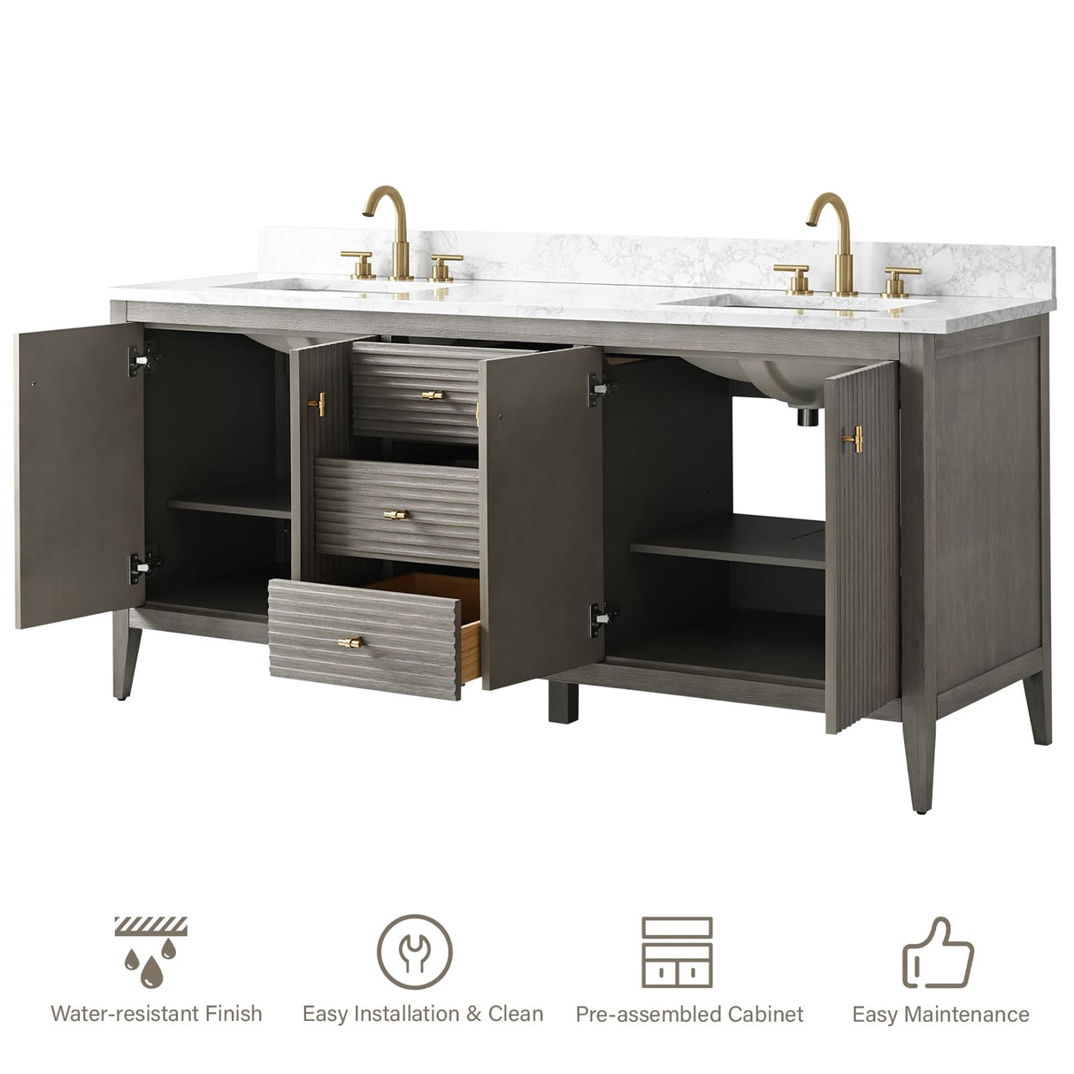 HOMEBEYOND 72" Bathroom Vanity with Double Sink, Solid Wood Bathroom Vanity Free-Standing Cabinet, Ceramic Top & Soft Closing Door, Golden Brushed Handware, Driftwood Gray HOMEBEYOND