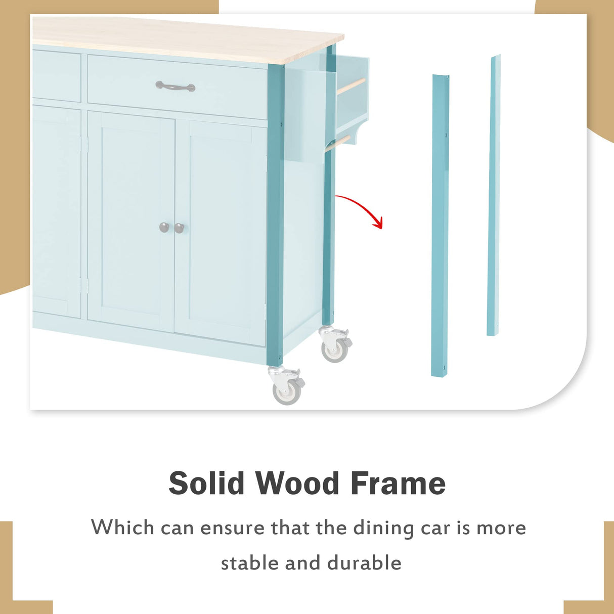 Virubi Kitchen Island Cart, 54.3" Rolling Island Cart with Solid Wood Top, 4 Doors Cabinet, 2 Drawers,Locking Wheels, Spice Rack and Towel Rack, Island Table for Kitchen, Dining Room(Green) Virubi