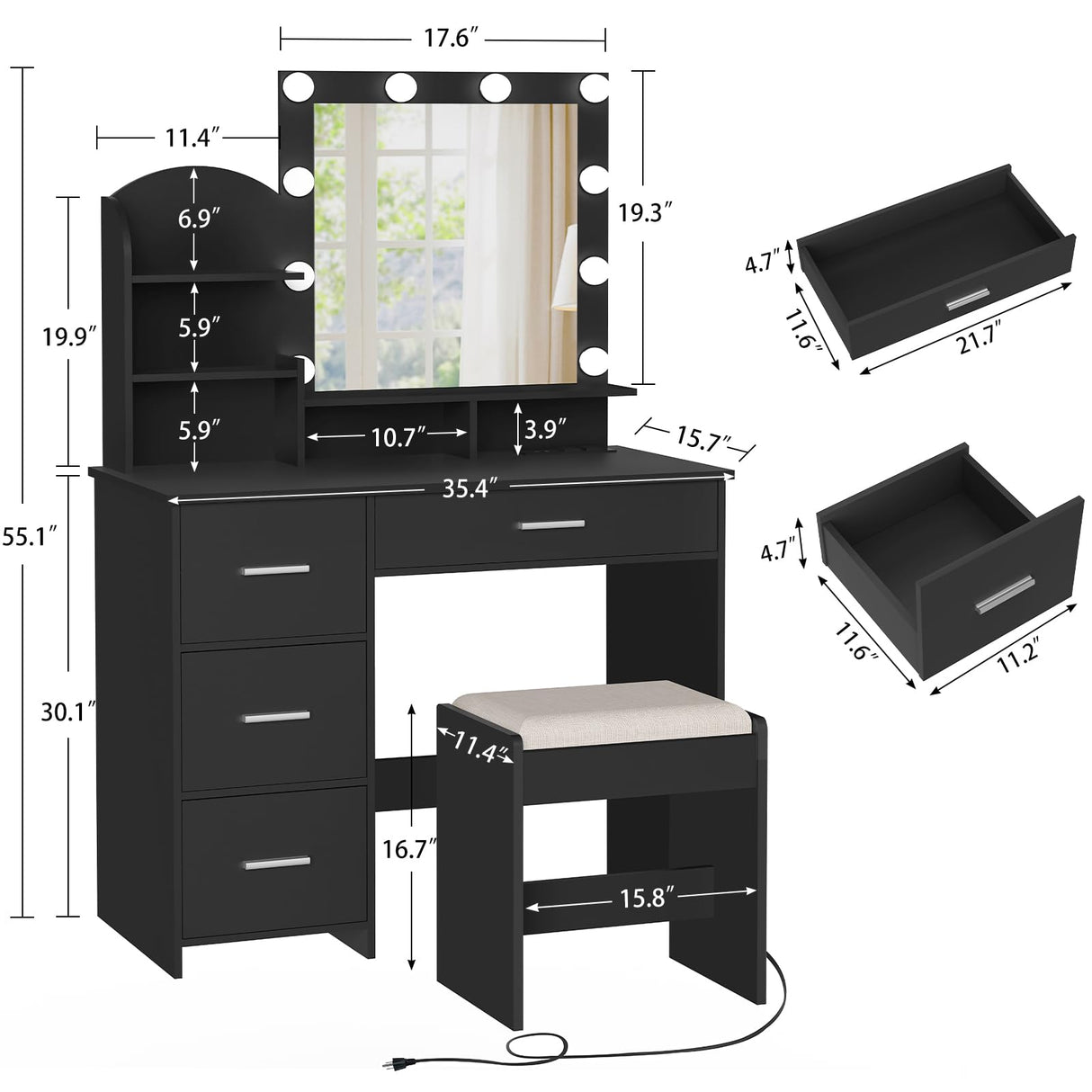 Quimoo Vanity Desk with Mirror and 10 LED Lights, Makeup Vanity with Charging Station and 4 Drawers Chest & Shelves, Vanity Set, Vanity Table with Cushioned Stool, for Bedroom, Black Quimoo