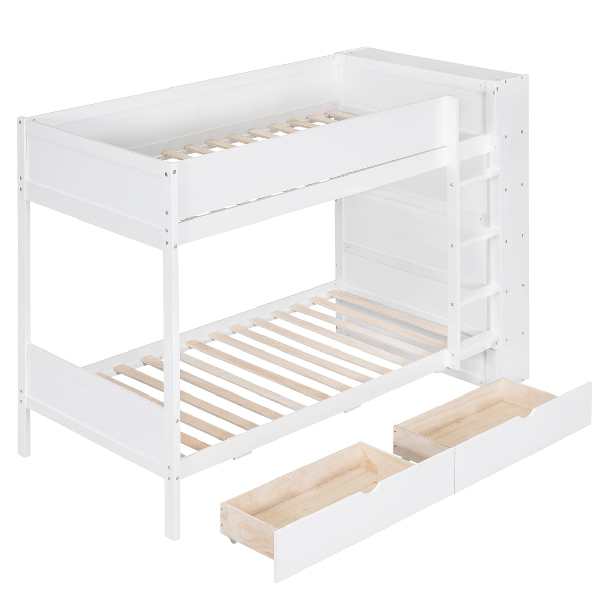 Twin Over Twin Bunk Bed with Bookcase, Wood Bunk Bed Frame with 2 Drawers and Multi-Layer Cabinet Storage Shelves, Bed with High Guardrails for Kids Teens(White, Twin) THINK 30