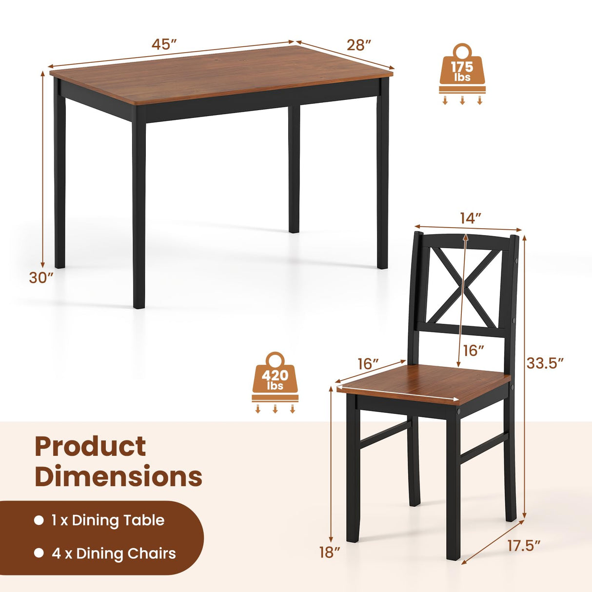 Tangkula 5-Piece Mid-Century Modern Dining Table Set for 4, Wooden Kitchen Table and Chairs, Compact Rubber Wood Dining Room Set for Small Spaces, Kitchen & Living Room Tangkula
