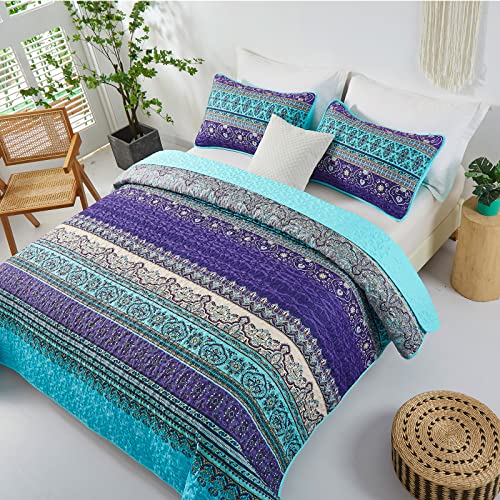 WONGS BEDDING Boho Queen Quilt Set, Blue Purple Bohemian Queen Quilt Bedding Set, Lightweight Microfiber Bed Decor Bedspread for All Season 96"x90"(3 Pieces) WONGS BEDDING