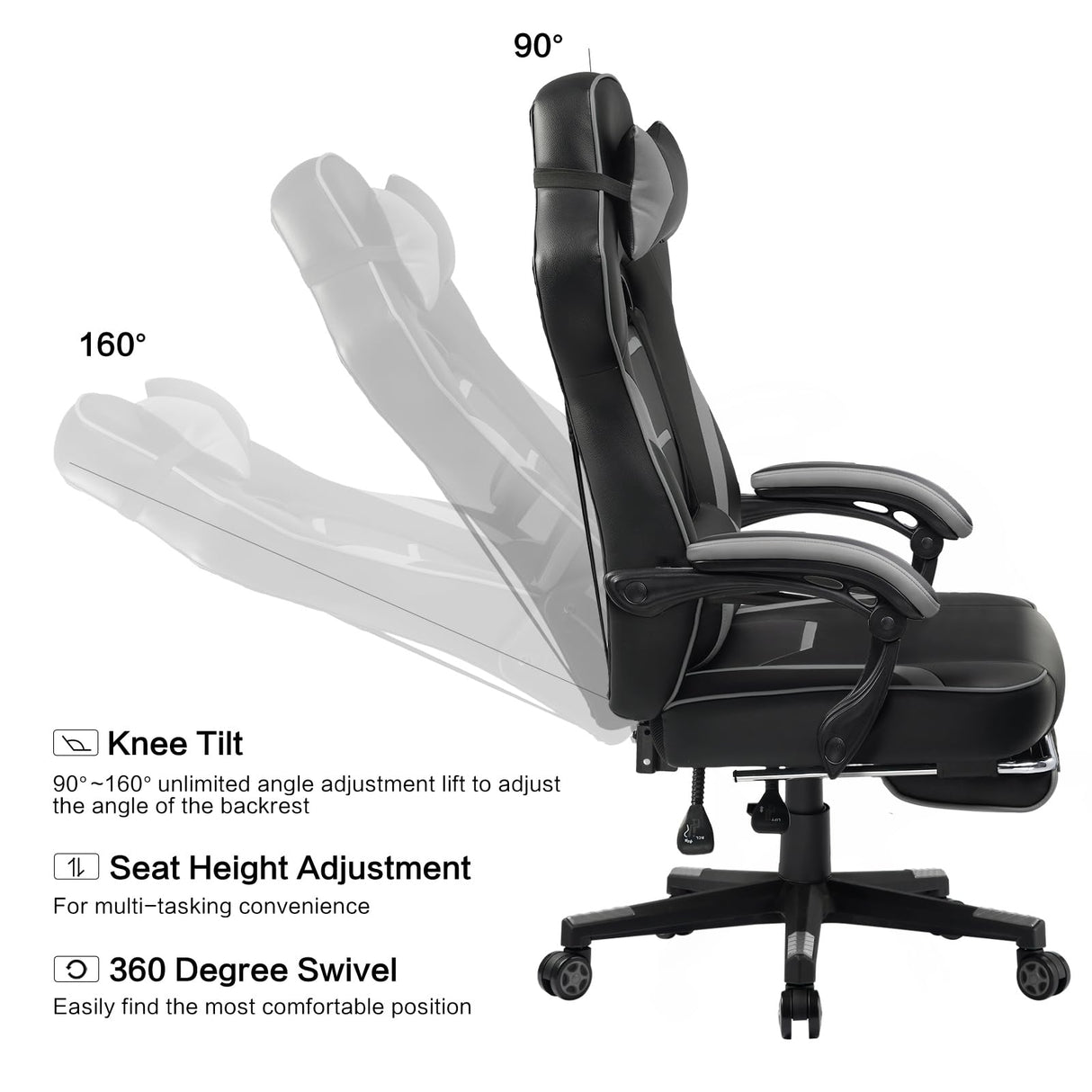 LUCKRACER Gaming Chair, Video Game Chairs Gaming Computer Chair with Footrest 350Lb Heavy Duty Gaming Chair Ergonomic Office Chair Lumbar Support for Adults, High Back, Swivel Seat, Recliner(Grey) LUCKRACER
