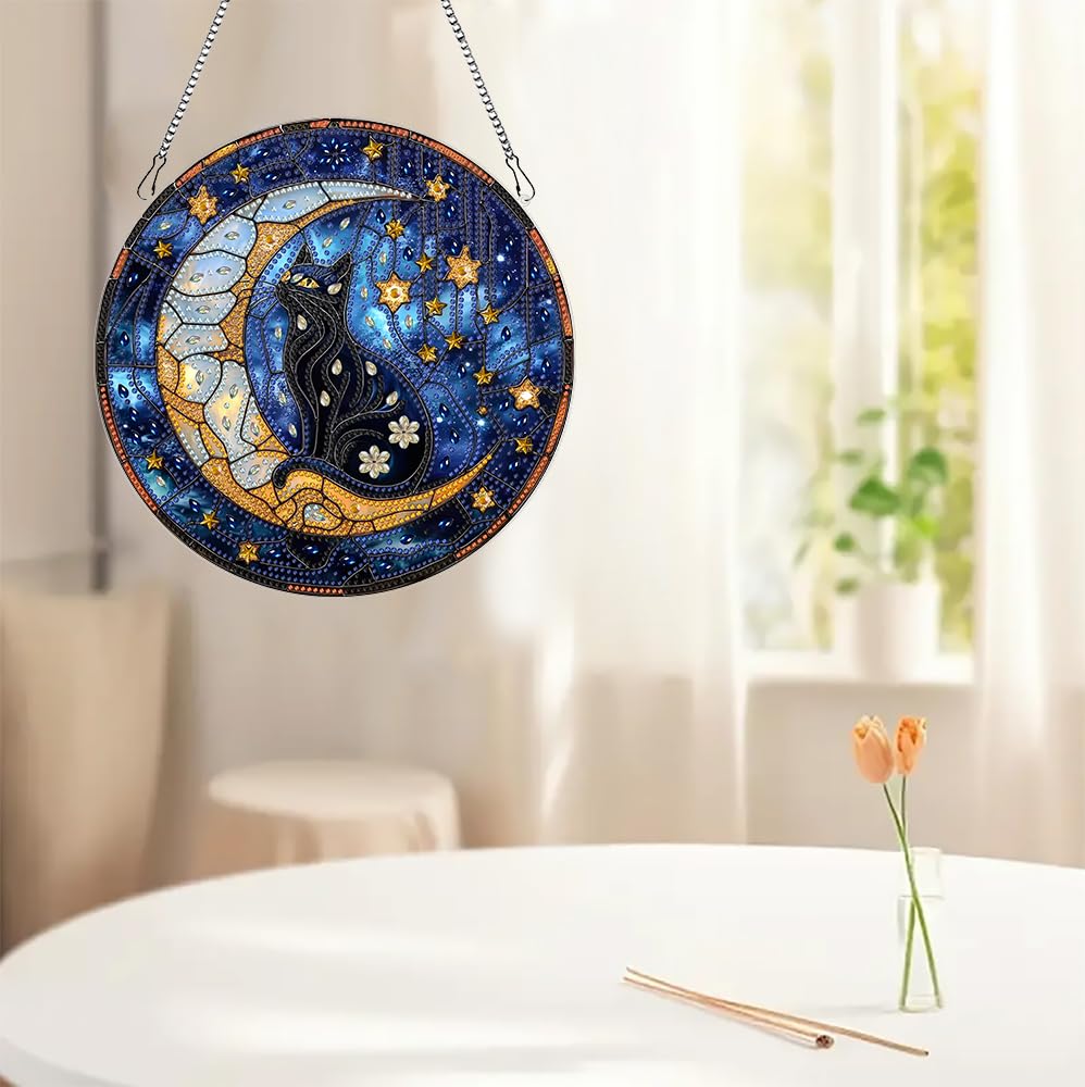 hyzsj DIY Hanging Diamond Art Pendant Painting Kit Cat,Acrylic 5D Moon Painting Window Pendants, Special Crystal Gem Craft Painting Kit Ornament hyzsj